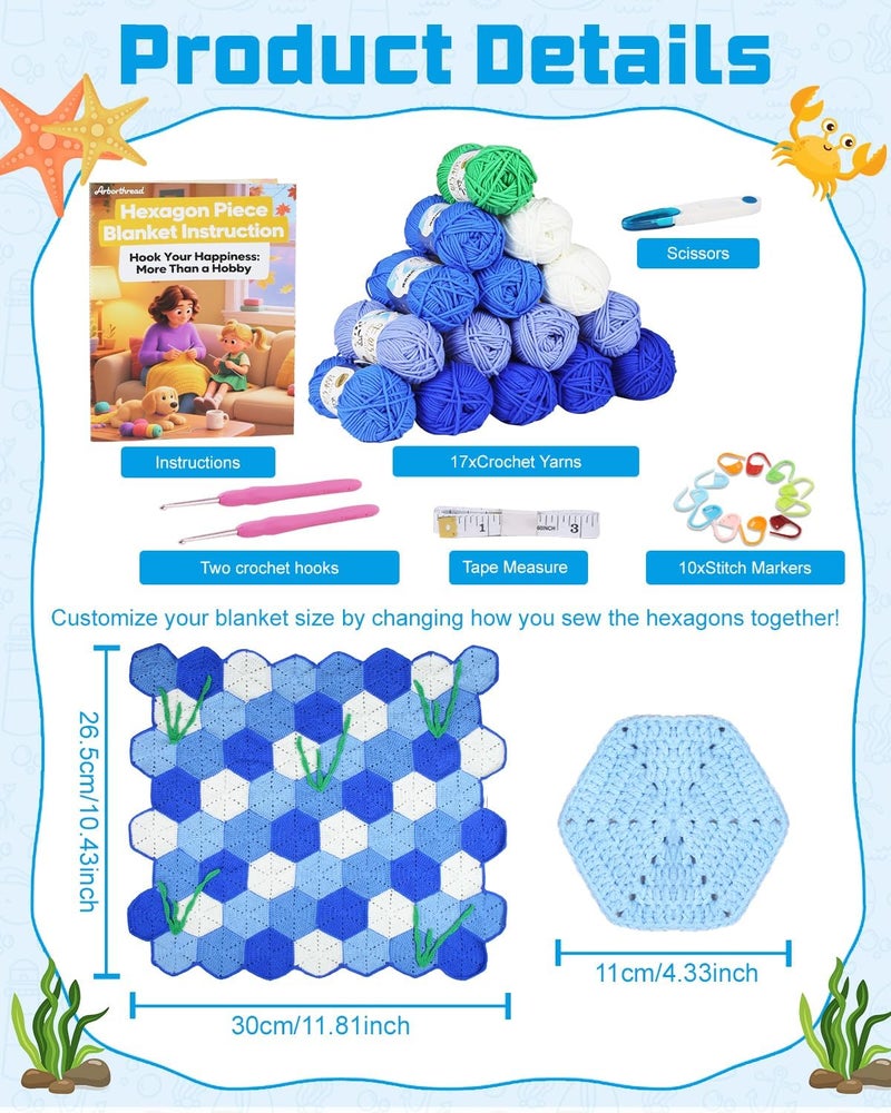 Arborthread Crochet Kit for Beginners, Granny Squares Blanket Knitting Kit w/Step-by-Step Video & Printed Guides for Adults, Kid-Friendly Patterns - Image 4
